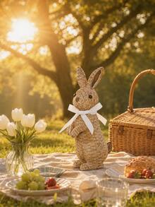 1pc Easter Bunny Decorations Woven Rabbit Figurines Spring Farmhouse Decor Rustic Bunny Ornament For Home Tabletop Shelf Mantel Garden Patio Porch Centerpiece - A - View 4