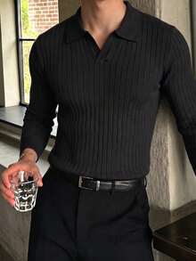 Men's Autumn/Winter Long Sleeve Casual Versatile Knit Sweater, Unique Polo Collar Design, Suitable For Daily Wear - Black - View 6
