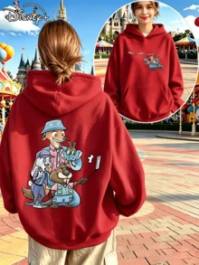 Disney Nick Wilde Judy Fun Cartoon Zootopia Selfie Print Red Hooded Sweatshirt For Women (Women's Autumn/Winter Clothing/Plus Size Friendly) - 紅色 - 查看 1