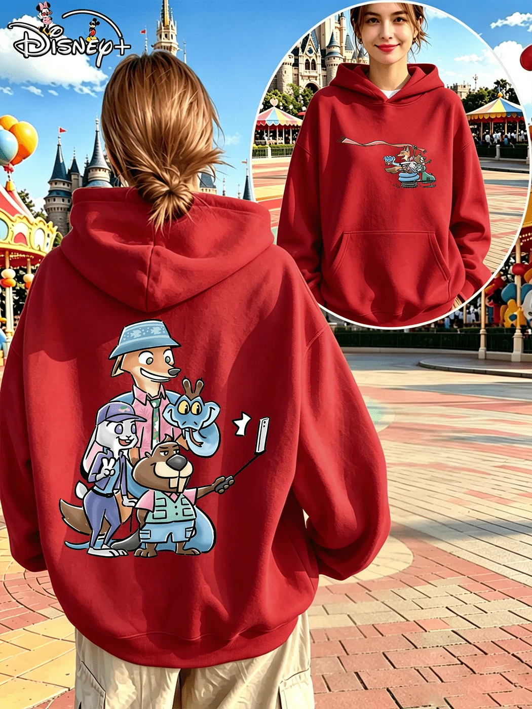 Disney Nick Wilde Judy Fun Cartoon Zootopia Selfie Print Red Hooded Sweatshirt For Women (Women's Autumn/Winter Clothing/Plus Size Friendly) - 紅色 - 查看 1