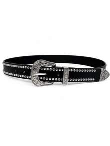 1 Stück Damen einfarbiger PU-Leder lässiger retro süßer Street Party Western Stil Nieten Gürtel, geeignet für alle Jahreszeiten - Schwarz - Übersicht 3