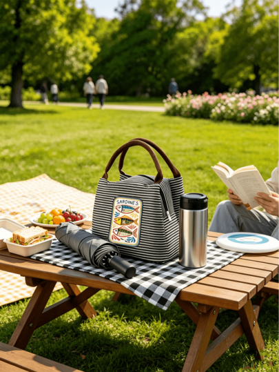 Summer Travel Cute Sardine Striped Print Handbag, Japanese Slouchy Lightweight Lunch Bag, Daily Utensil Bag With Simple Handle, Fresh Contrast Striped Design With Fun Fish Pattern, Easy To Organize Small Items, Suitable For Commuting, Campus, Shopping, Travel, Artistic Print Design, Multiple Colors Available, Perfect Father's Day Gift, Independence Day Essential, Summer Must-Have