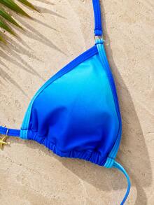 Bikini de verano nuevo con degradado azul, copa triangular con cuello halter, traje de baño de dos piezas sexy con cordones para vacaciones en la playa y fiesta en la playa - Multicolor - Ver 4