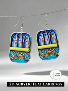 2D Flat Fun Summer Ocean Sardine Can Earrings, Acrylic Dangle Earrings - Vintage Fun Fish-Shaped Drop Earrings, Niche Ocean Style Jewelry, Creative Summer Gift - Canned Sardines - View 2