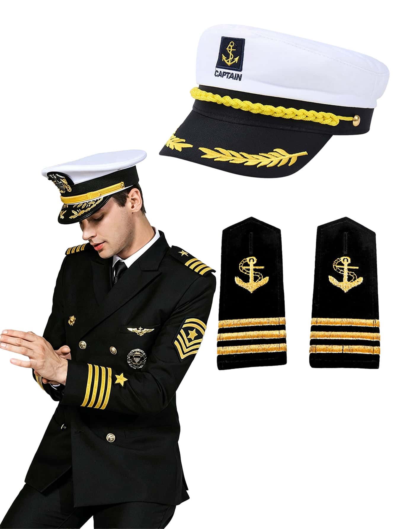 Role Play Navy Hat Shoulder Epaulettes Scarf Set - White and Blue - View 1