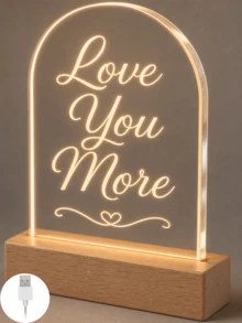 1件客製化拱形壓克力LED燈，附個性化文字「Love You More」透明愛心飾板與溫潤木質底座，浪漫床頭小夜燈，情侶週年、婚禮、情人節禮物，附禮盒，臥室書桌裝飾 - 多色(款式5) - 查看 7