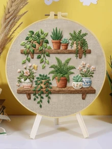 1pc Complete Embroidery Kit 20x20cm/7.9in 8 Patterns: Lilac, Daisy & Cornflower, Pansy, Balcony Succulents & Plant Stand Floral & Green Theme Suitable For Adult Beginners Includes Fabric, Instructions, Embroidery Hoop, Needle & Thread Perfect Gift Home/Office Art - A - View 3