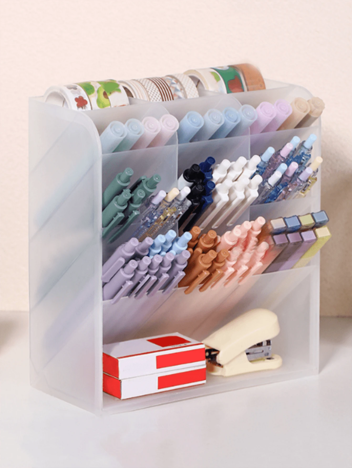 1pc Slanted Multi-Compartment Pen Holder Stationery Storage Box Large Capacity Cosmetic Desktop Organizer Pencil Case - Multicolor - View 1
