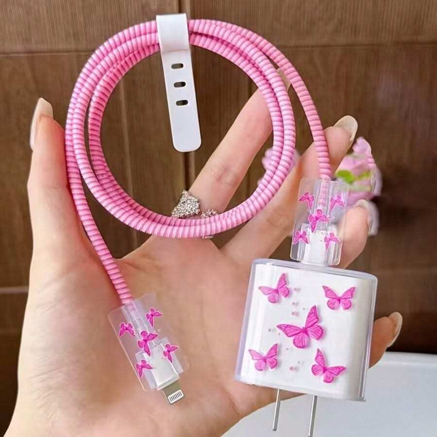 Pink TPU Small Heart Print/Bow/Flower Graphic/Purple Heart Cat Charger Cable Protector, Compatible With Apple 18/20W Charger, Perfect Gift For Friends