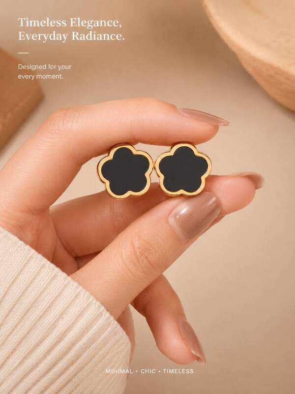 1 Pair Bohemian Minimalist Luxury French Classic High-End Black Enamel Clover Gold-Edged 316 Stainless Steel Gold-Plated Hypoallergenic Stud Earrings For Women, Back To School, Daily Commute, Office, Campus, Date, Party, Best Friend Gathering, Spring Outing, Vacation, Wedding, Holiday, Versatile