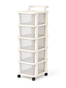 1pc Cream-Color Plastic Drawer Storage Cabinet With Wheels, Suitable For Storing Snacks, Toys, Cosmetics And Various Other Items, Great For Home Organization - Multicolor - View 15