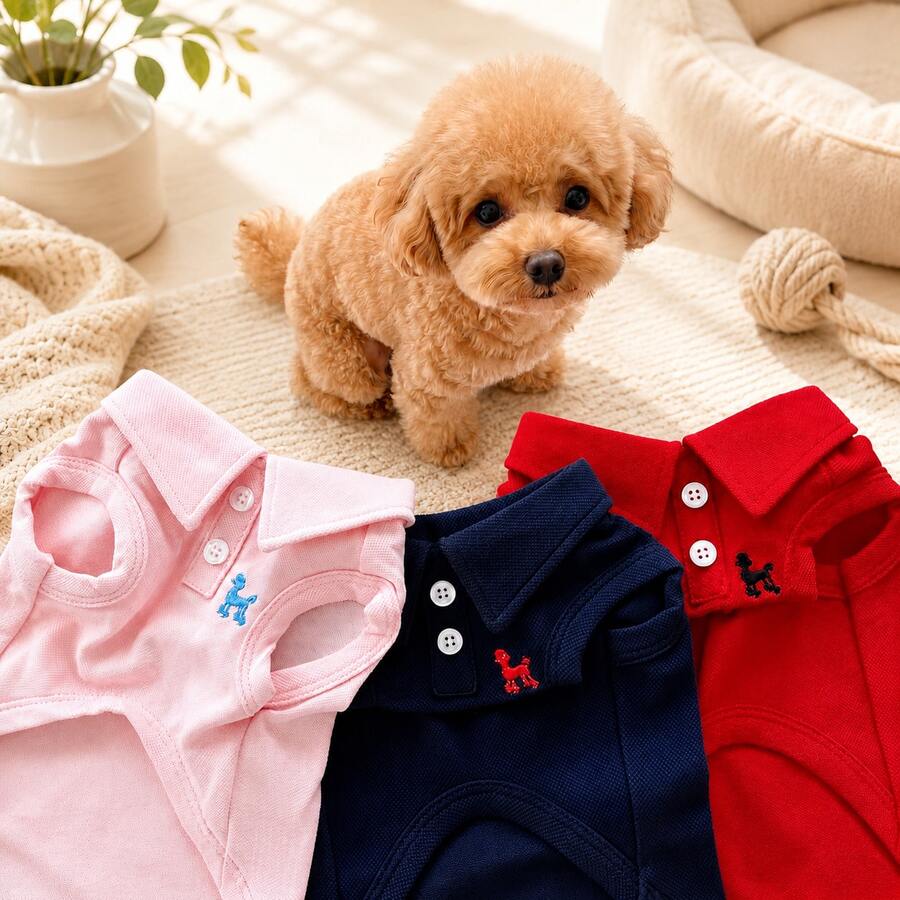 3 piezas Conjunto de camisa polo lisa con chaleco bordado para mascotas, primavera y verano