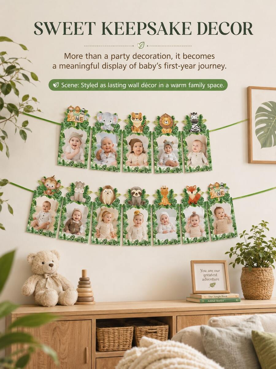 12 Stück Dschungel-Tier-Themen Geburtstags-Party Foto-Banner, Baby 1. Geburtstag Dekorationsartikel, geeignet für Tier-Themen-Party, Wald-Themen-Party, Geburtstags-Party