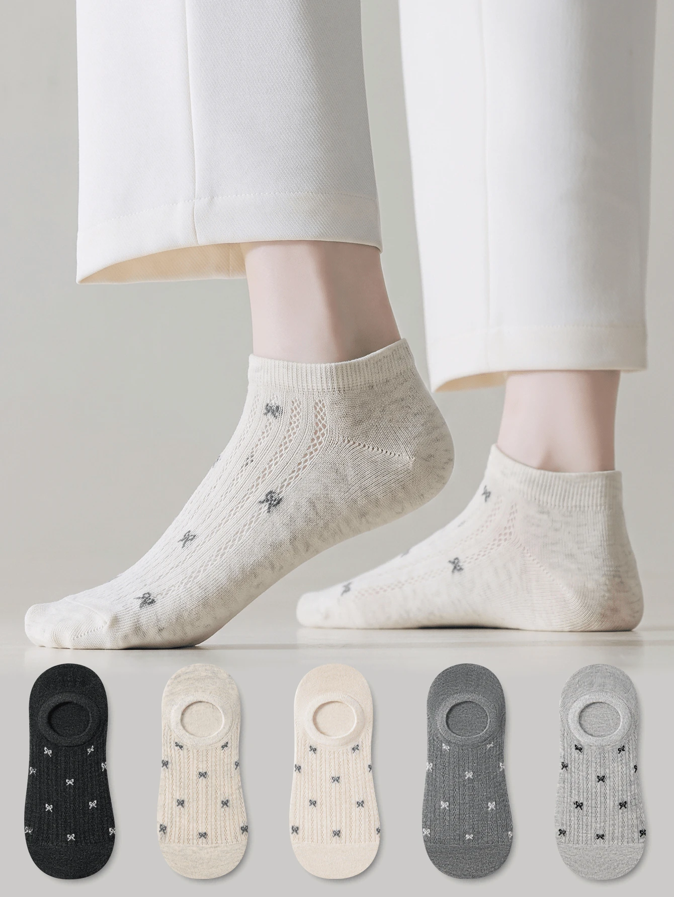 ZUJO 5 pares de calcetines cortos para mujer, con estampado de lazo, cómodos, adecuados para primavera, otoño, verano y uso diario, sencillos y lindos, color aleatorio - Multicolor - Ver 1