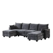 Canapé modulable en chenille, canapés d'angle pour le salon, canapé d'angle en U avec pouf de rangement, canapés d'angle 6 places avec méridienne - Gris - Voir 6