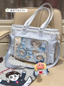 1件日式軟妹清新百搭女款單肩包，高品質尼龍材質搭配滿版星星印花，蕾絲飾邊增添優雅細節，2D JK 動漫展 DIY 透明裝飾包，雙側口袋透明層日常休閒大容量托特包，輕量學生書包，可愛甜美風格女包，尼龍防水布料 Ita 包，適合展示動漫周邊、動漫展、購物、派對、旅行 - 藍色 - 查看 7