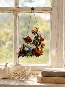 1pc Skull Solar Powered Window Hanging Decor, Floral Skull Reading Book Acrylic Pendant, Gothic Halloween Wall Decoration, Colorful Bohemian Witch Style Window Ornament, Spooky Home Room Porch Door Decor, Horror Fan Seasonal Gift, Garden Style Art Decoration - Style 1 - View 9