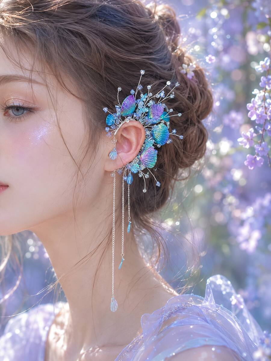 1件/2件裝 幻彩仿貝殼流蘇耳夾,美人魚風格海洋主題免穿耳耳環,度假派對飾品 - 彩色 - 查看 1