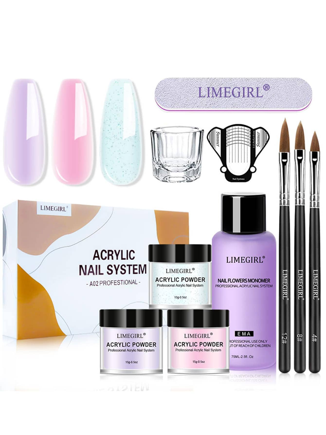 LIMEGIRL Professional Acrylic Nail Art Set, 3pcs Acrylic Powder & EMA Monomer Liquid Set, Includes 3 Acrylic Nail Brushes, Nail Molds, Dip Liquid Dish & Nail File, Salon-Grade Nail Extension Set, Suitable For DIY & Professionals - Multicolor - View 1