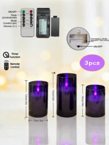 3入組無焰黑色蠟燭附遙控器與定時器，電池供電閃爍LED蠟燭，紫色燈光，適用於婚禮、派對、居家及節日裝飾 - 紫光 - 查看 8