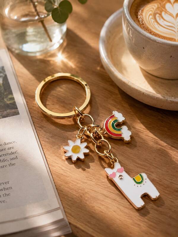 1pc Cute Cartoon Style Alloy Keychain, Alpaca And Rainbow Daisy Enamel Pendant, Gold Tone Bag Accessory, Graduation And Birthday Gift