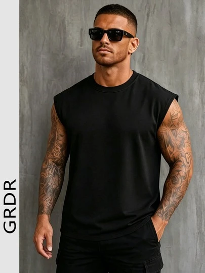 Camiseta de tirantes de verano de unicolor, cuello redondo, casual y holgada para hombre GRDR