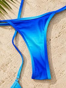 Bikini de verano nuevo con degradado azul, copa triangular con cuello halter, traje de baño de dos piezas sexy con cordones para vacaciones en la playa y fiesta en la playa - Multicolor - Ver 5