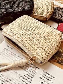 1Pc Summer Straw Woven Coin Purse, Zipper Pouch For Coins Keys Lipstick Earphones, Wrist Portable For Beach Vacation Daily Use, Japanese‑Style Raffia Mini Bag, Ideal Fashion Gift - View 3