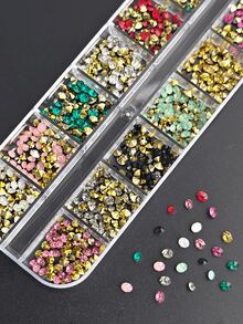 12 Grids Colorful Nail Art Rhinestones, Pink Pointed Bottom Round Pearl, Christmas Colors Transparent Rhinestone Jewel Nail Decorations, DIY Nail Art Supplies Nails Nail Gems - Multicolor - View 4
