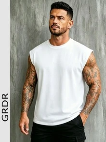 GRDR Men's Summer Solid Color Round Neck Casual Loose Tank Top - White - View 5