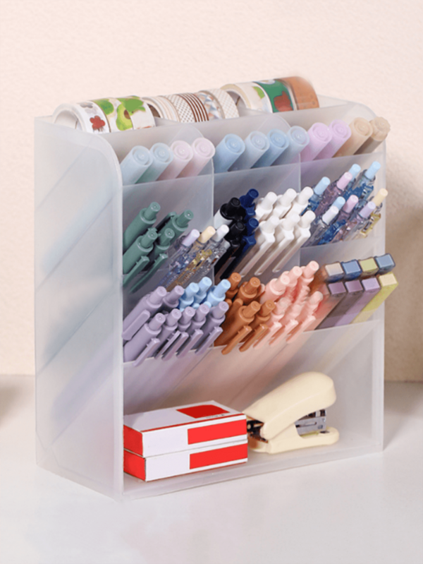 1pc Slanted Pen Holder Multi-Compartment Stationery Storage Box Large Capacity Cosmetic Desktop Organizer Pen Bag