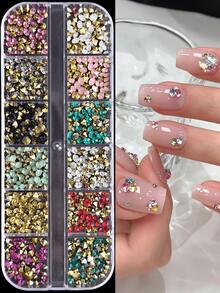 12 Grids Colorful Nail Art Rhinestones, Pink Pointed Bottom Round Pearl, Christmas Colors Transparent Rhinestone Jewel Nail Decorations, DIY Nail Art Supplies Nails Nail Gems - Multicolor - View 3
