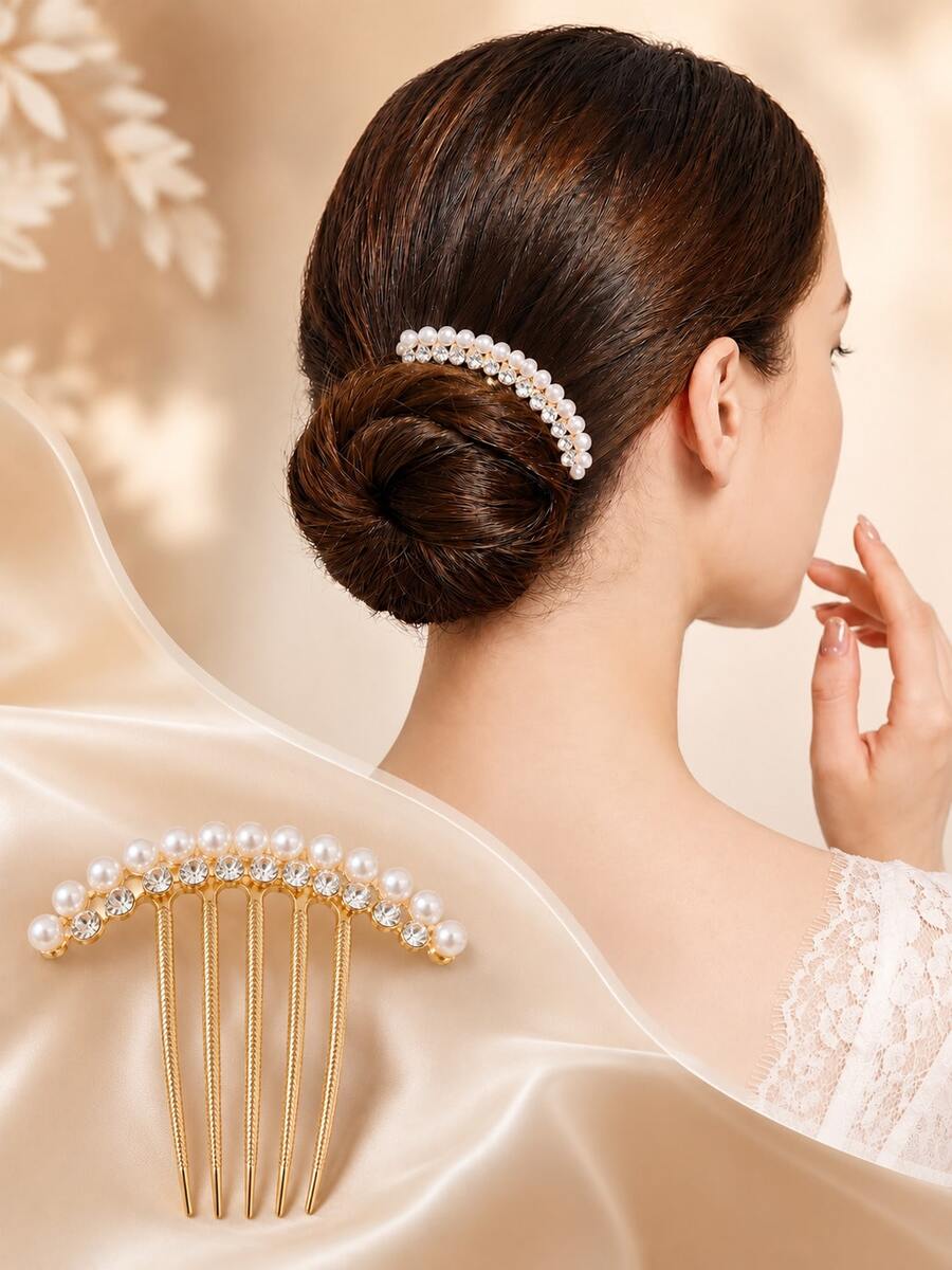 topshiny Peine de pelo elegante con perlas y strass para mujer, horquilla de moño curva dorada, accesorio para peinado de novia y fiesta de boda, peines