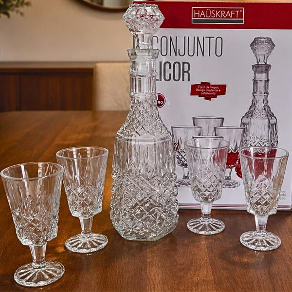 Conjunto para Licor 1 Garrafa 1L e 4 Taças 200ml-Design Sofisticado em Vidro-Hauskraft