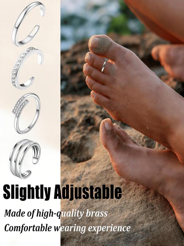 4pcs Adjustable Toe Ring Set, Minimalist Stackable Foot Jewelry With CZ And Multi-Ring Styles, Summer Beach Barefoot Accessories For Women