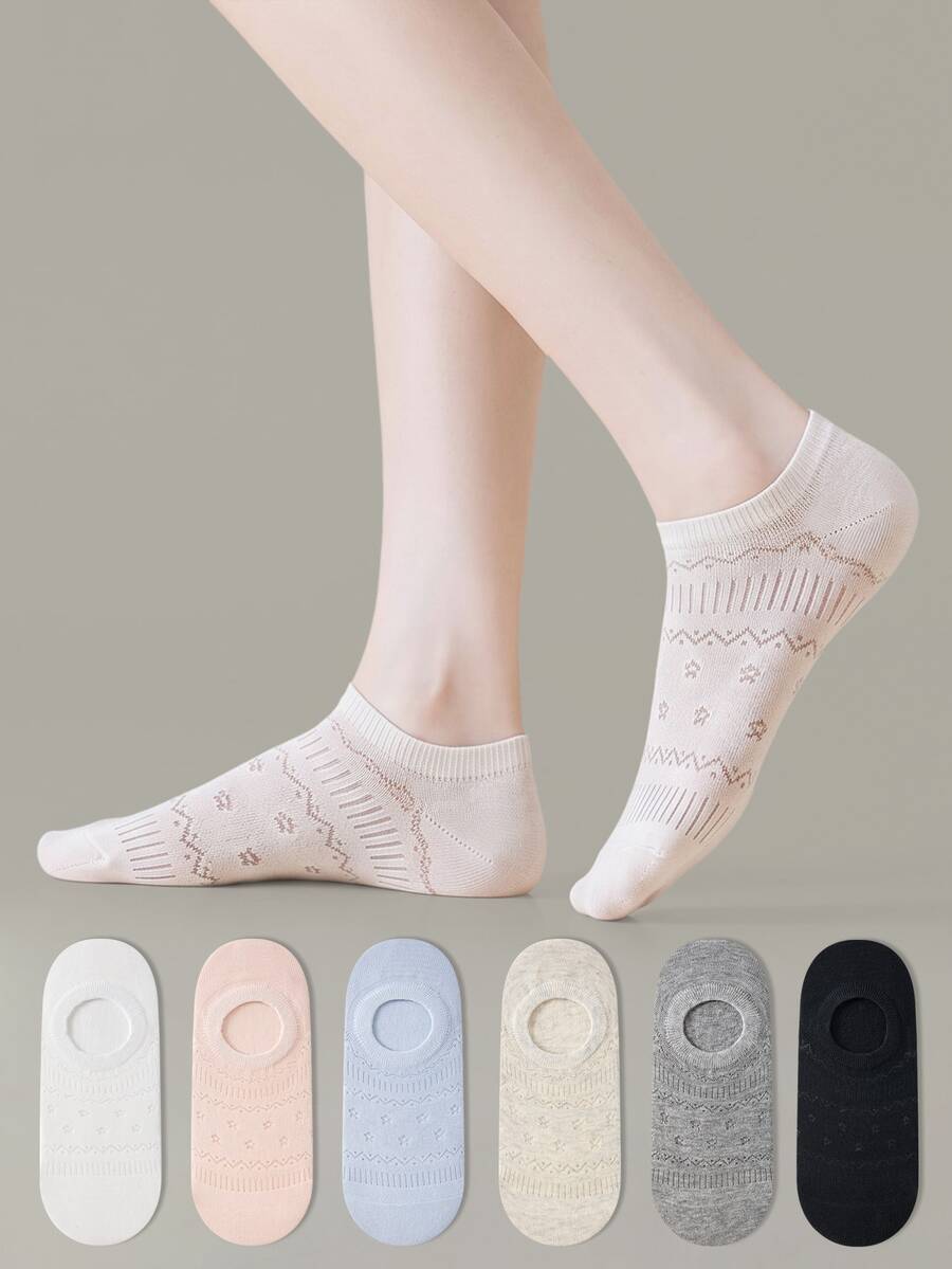 ZUJO 6雙女款短襪,花卉圖案,適合春、秋、夏季日常穿著,簡約舒適,隨機配色 - 彩色 - 查看 1
