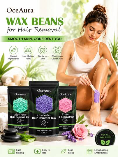 OceAura Wax Beans For Hair Removal Kit, Brazilian Coarse Waxing For Bikini, Face, Eyebrow, Back, Chest, Legs, Armpit, At Home Waxing Beads For Women Men - Natural Rose