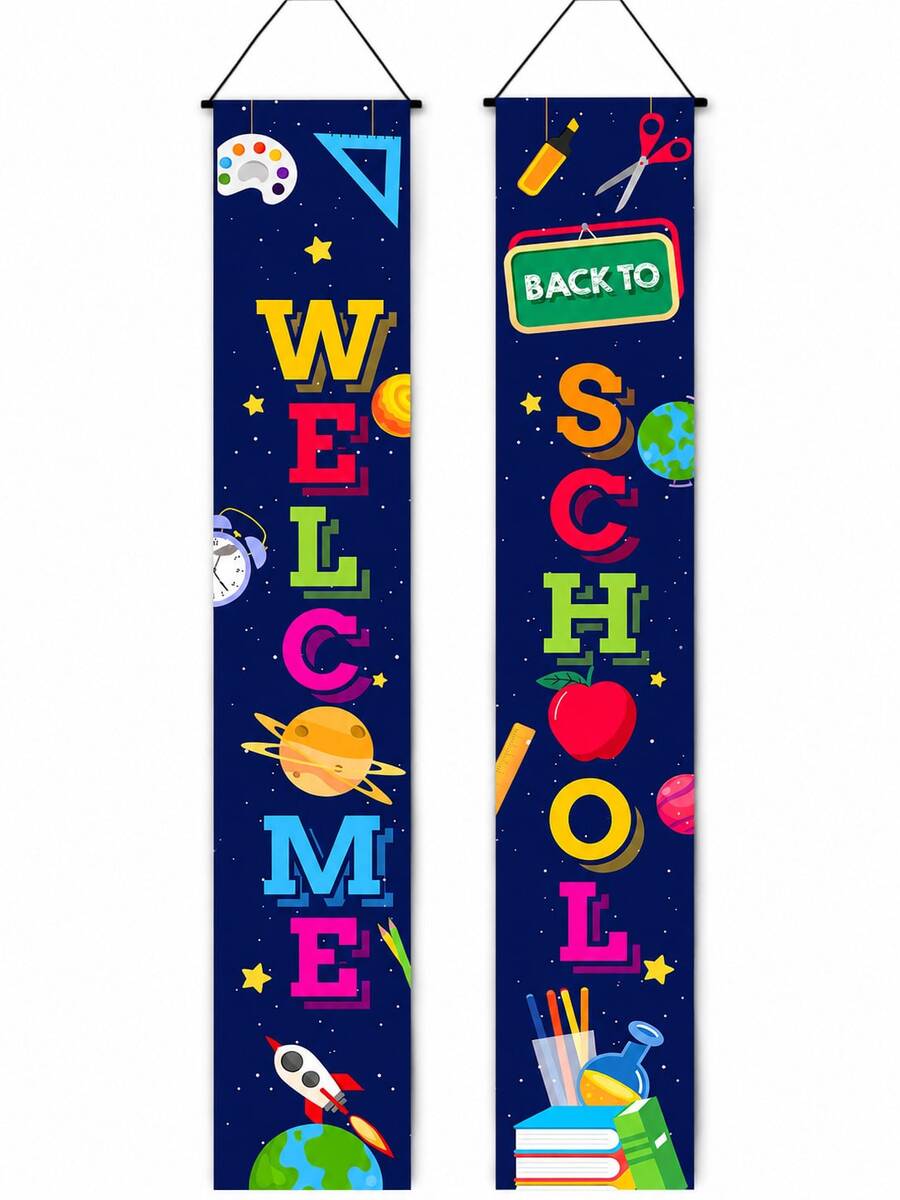 Back To School Door Hanging Decoration, Welcome Back To School Hanging Sign, Space Theme Back To School Porch Sign, 70.8x11.8 Inch Welcome To School Banner, For Classroom Door Decoration First Day Of School Decoration, Classroom Door Decoration And Campus Background Decoration - Back-to-school Season Star-studded Couplets - View 1