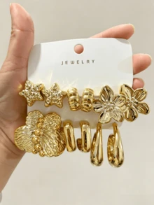 6/12/18pcs/Set Gold Stud Earrings, Floral & Geometric Mixed Pattern Metal Earrings Set, Pendant Earrings, Vintage Women's Earrings - Gold - View 2