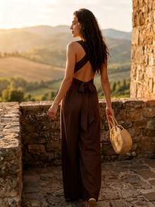 Halter V-Neck Wide Leg Jumpsuit, Jumpsuits For Woman,Elegant Backless Tie Waist Linen Jumpsuit For Wedding Guest, Summer Party & Cocktail - Brown - View 6