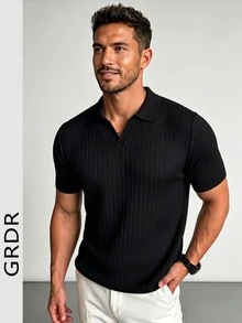 GRDR Men's Summer Airplane Collar Ribbed Solid Color Short Sleeve Knit Sweater, Suitable For Summer Outings, Essential For Fashionable Styling - Black - View 5