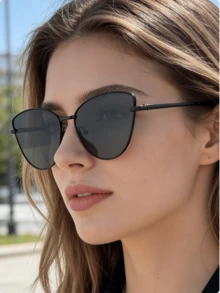 金屬貓眼女款裝飾眼鏡，新款歐美時尚貓眼時尚眼鏡，個性街頭風女款時尚眼鏡，跨境時尚 - 黑色 - 查看 4