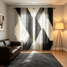 2 pièces Rideaux à lignes géométriques contrastées noir & beige, rideaux imprimés unilatéraux de style minimaliste moderne, rideaux à impression plate 2D, translucides, avec poche pour tringle, sans doublure, rideaux géométriques, décoration de fenêtre pour salon, chambre, bureau, rideaux uniquement, sans accessoires - Multicolore - Voir 8
