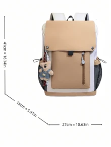 Mochila minimalista con solapa, bolsillo frontal con cremallera, colgante extraíble, correas de hombro ajustables, mochila de moda diaria para mujeres - Caqui - Ver 7