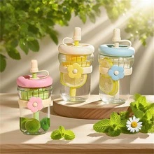 4/2/1pc Set Cute Macaron Glass Straw Portable Cup, 500ml Fashionable On-The-Go Straw Cup, Cold Brew Coffee Cup, With Lid, Straw And Straw Brush, 17oz/500ml Capacity, Double Set, Suitable For Home Or Office Use. - Multicolor - View 6
