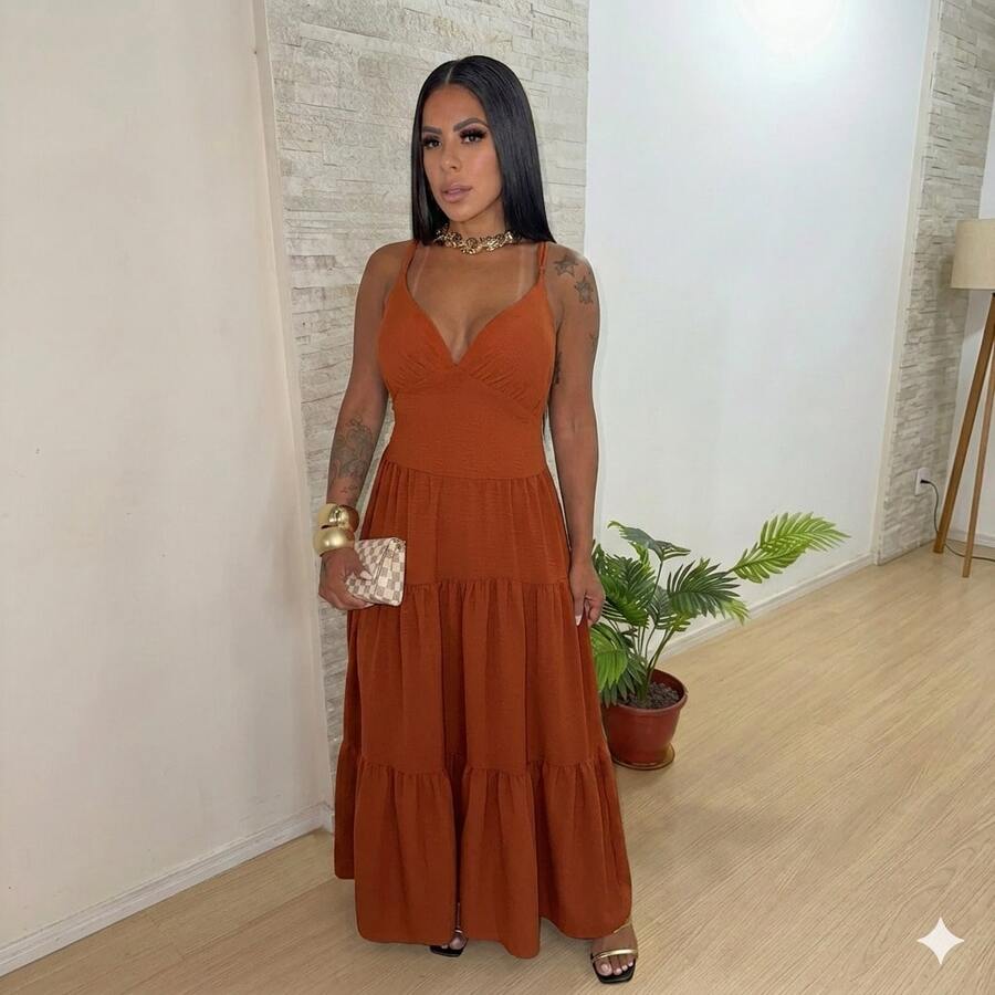 Women's Duna Ruffled Maxi Dress With Built-In Bra - Elegance, Lightness And Perfect Drape. - 紅陶 - 查看 1