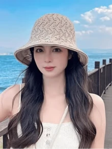 Women's Knitted Straw Double Layer Bucket Hat - Hollow Out Breathable Foldable Wide Brim, Summer Beach Fashion Choice - One Size - View 3