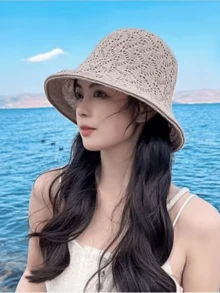 Women's Knitted Straw Double Layer Bucket Hat - Hollow Out Breathable Foldable Wide Brim, Summer Beach Fashion Choice - One Size - View 2