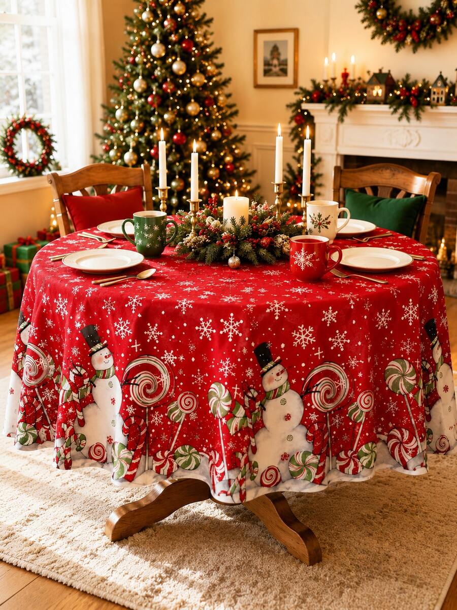 1 pieza - Mantel navideño rojo con patrón de muñeco de nieve, piruleta y copo de nieve, mantel universal impermeable redondo y rectangular, decoración de mesa para cena navideña en interiores, accesorio de decoración festiva para hogar, cocina y restaurante - Multicolor - Ver 1