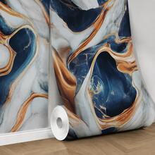 1 Rollo de Papel Tapiz Autoadhesivo de Lujo con Patrón de Mármol Azul y Borde Dorado, Textura de Onda de Moda, Papel Tapiz Autoadhesivo Impermeable y Removible, Adecuado para Decoración de Paredes de Dormitorio, Sala de Estar, Cocina, Baño, Encimera, Gabinete, Decoración del Hogar, Pegatina de Escritorio - Deep Blue Wave 1 unidad - Ver 5